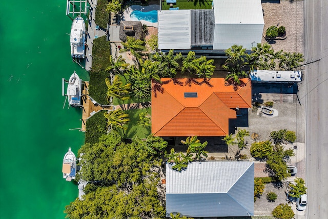 drone / aerial view featuring a water view