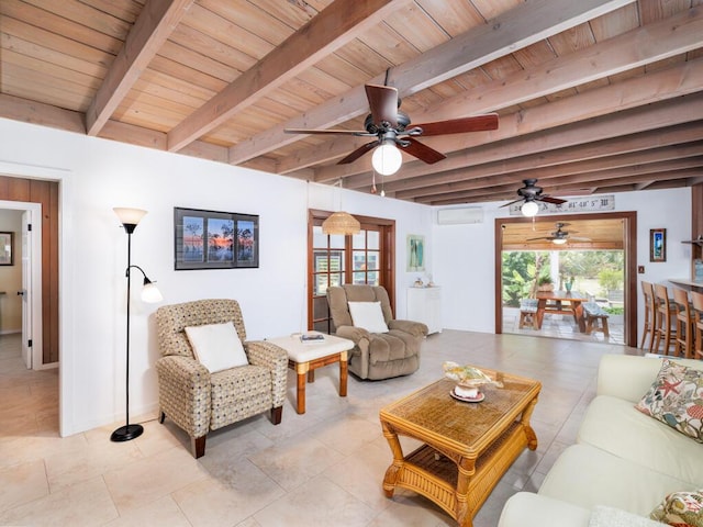 living area with wood ceiling, beam ceiling, ceiling fan, and an AC wall unit