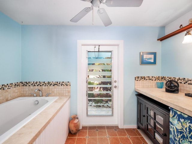 full bath with ceiling fan, tasteful backsplash, a bath, and tile patterned floors