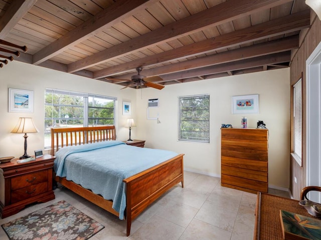 bedroom with wood ceiling, baseboards, a ceiling fan, and beam ceiling