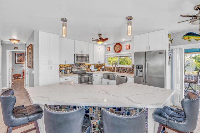 kitchen featuring stainless steel appliances, plenty of natural light, and a ceiling fan