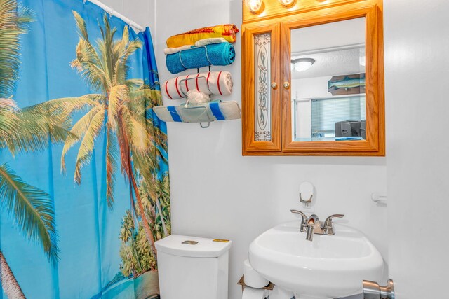 bathroom with a shower with curtain, a sink, a textured ceiling, and toilet