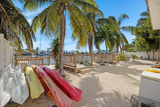 view of playground featuring a water view and a fenced backyard