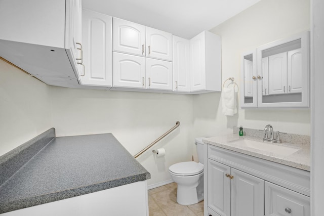 bathroom with toilet, tile patterned floors, and vanity