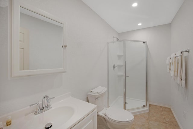 bathroom with tile patterned flooring, toilet, recessed lighting, vanity, and a shower stall