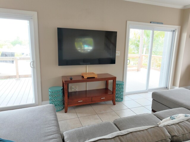 1590 Dolphin Dr, Marathon, FL 33050 - living room with light tile patterned floors and crown molding