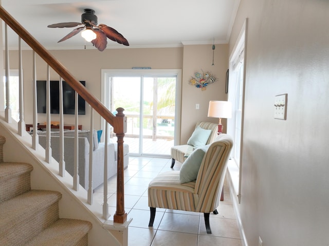 1590 Dolphin Dr, Marathon, FL 33050 - staircase with tile patterned flooring, crown molding, and a ceiling fan