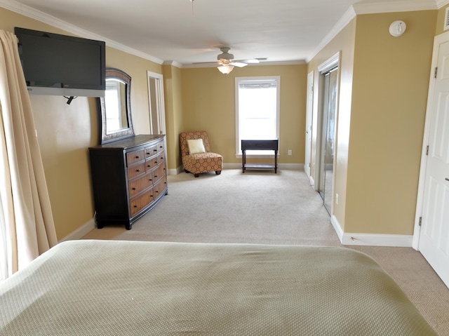 1590 Dolphin Dr, Marathon, FL 33050 - unfurnished bedroom featuring light colored carpet, multiple windows, ornamental molding, and ceiling fan