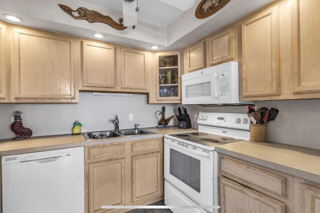 2000 Coco Plum Dr Unit 603, Marathon, FL 33050 - kitchen featuring white appliances, light countertops, light brown cabinetry, and recessed lighting