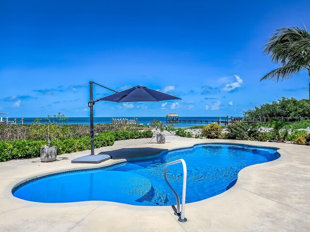 outdoor pool with a patio area and a water view