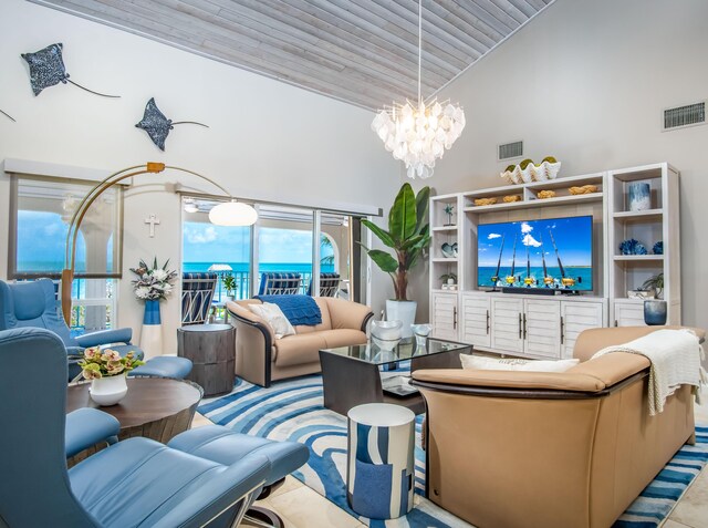 living room featuring high vaulted ceiling, wooden ceiling, visible vents, and an inviting chandelier