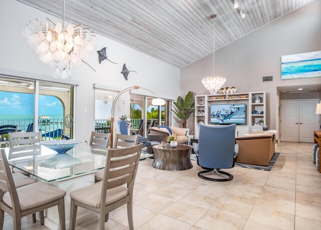 tiled dining room with wood ceiling, high vaulted ceiling, visible vents, and a chandelier