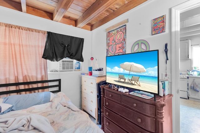 bedroom featuring cooling unit, beam ceiling, and wooden ceiling