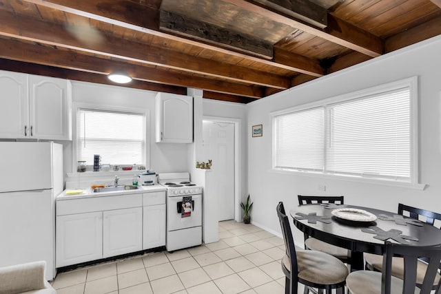 kitchen featuring beam ceiling, white appliances, wooden ceiling, and a sink