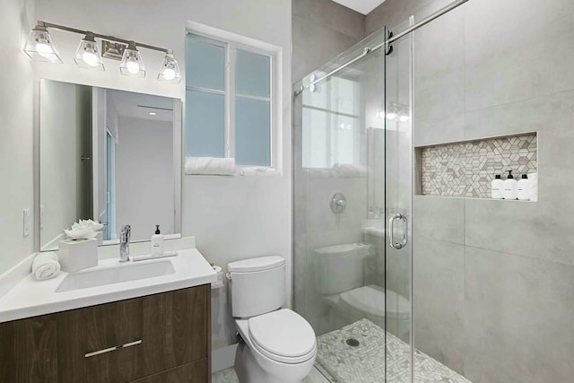full bathroom with vanity, toilet, and a stall shower