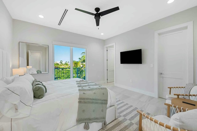 bedroom with recessed lighting, ceiling fan, baseboards, and access to outside