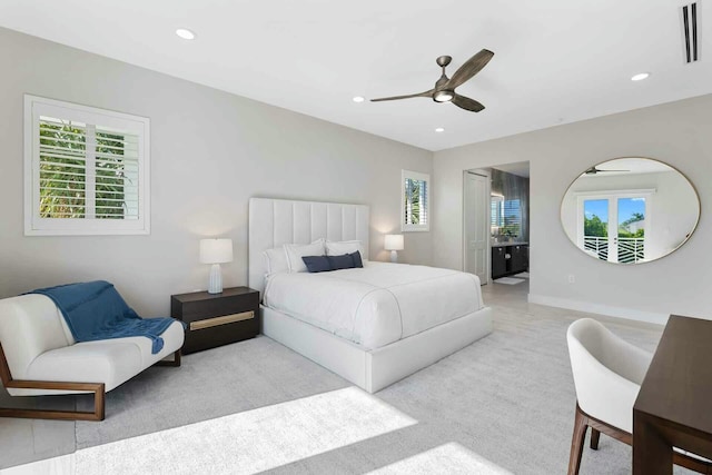 bedroom with recessed lighting, baseboards, and ceiling fan