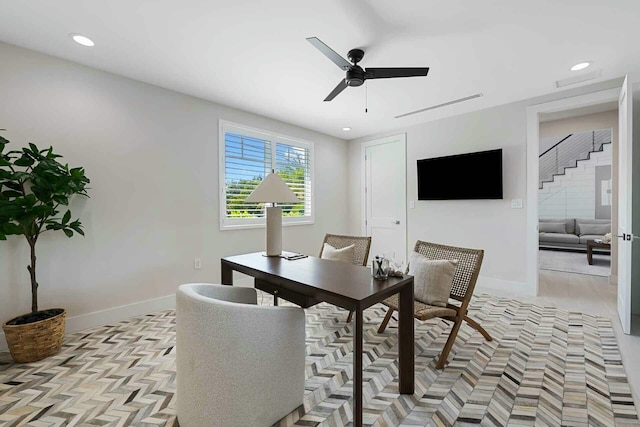 home office with recessed lighting, baseboards, and ceiling fan