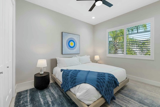 bedroom with recessed lighting, baseboards, and a ceiling fan