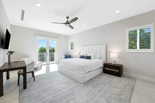 bedroom featuring baseboards, visible vents, recessed lighting, ceiling fan, and access to exterior