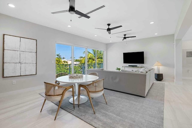 dining space featuring recessed lighting, a ceiling fan, and baseboards