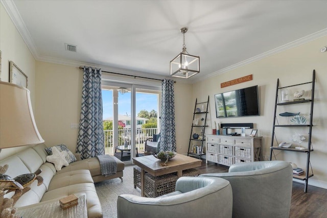 219 Sombrero Beach Rd Unit 2, Marathon, FL 33050 - living area with dark wood-style floors, visible vents, ornamental molding, and a chandelier