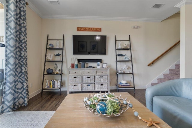 219 Sombrero Beach Rd Unit 2, Marathon, FL 33050 - living area featuring ornamental molding, visible vents, stairway, and dark wood finished floors