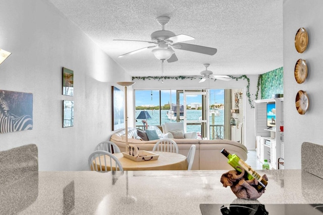 living room featuring a textured ceiling and a water view