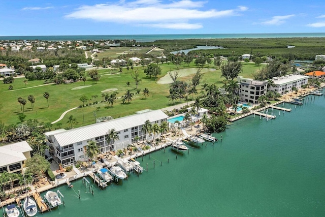 aerial view featuring a water view