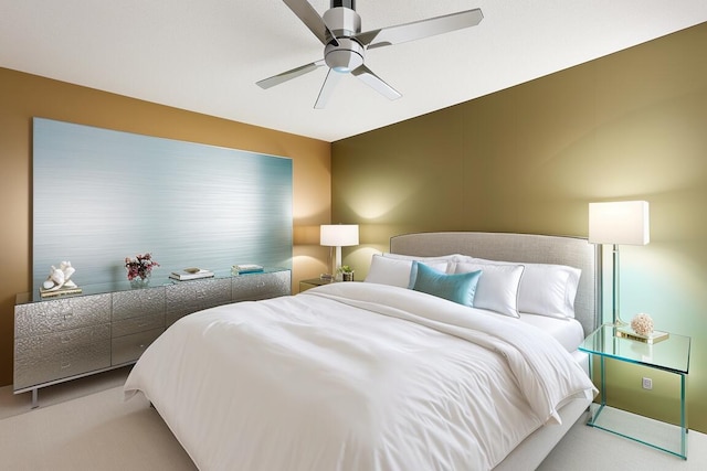 bedroom featuring a ceiling fan and light colored carpet