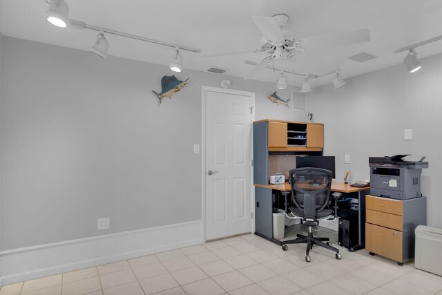 office featuring track lighting, a ceiling fan, and visible vents