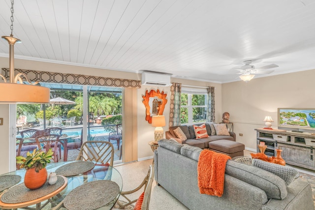 30985 Hibiscus Dr, Big Pine, FL 33043 - living room with a wall mounted air conditioner, ceiling fan, ornamental molding, and wood ceiling