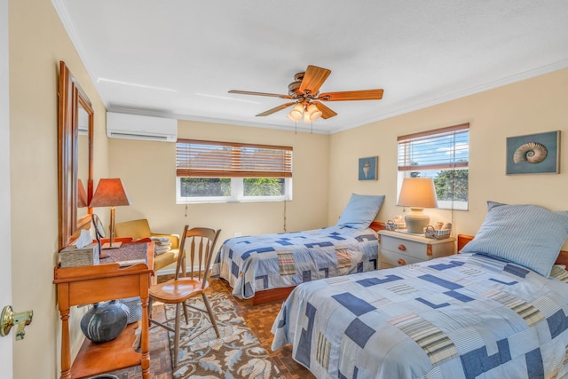 30985 Hibiscus Dr, Big Pine, FL 33043 - bedroom featuring an AC wall unit, multiple windows, crown molding, ceiling fan, and wood finished floors