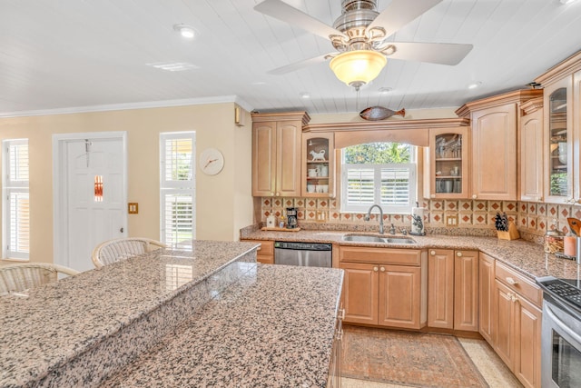 30985 Hibiscus Dr, Big Pine, FL 33043 - kitchen with stainless steel dishwasher, light stone counters, tasteful backsplash, glass insert cabinets, and crown molding