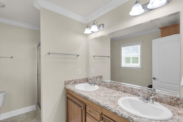 437 Pirates Rd, Little Torch, FL 33042 - bathroom featuring double vanity, a stall shower, ornamental molding, and baseboards