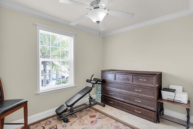 437 Pirates Rd, Little Torch, FL 33042 - workout room featuring baseboards, crown molding, light tile patterned floors, and a ceiling fan