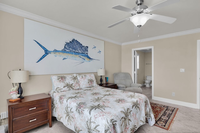 437 Pirates Rd, Little Torch, FL 33042 - bedroom featuring crown molding, baseboards, tile patterned floors, ensuite bath, and ceiling fan