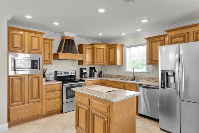 437 Pirates Rd, Little Torch, FL 33042 - kitchen with stainless steel appliances, a sink, premium range hood, ornamental molding, and a center island