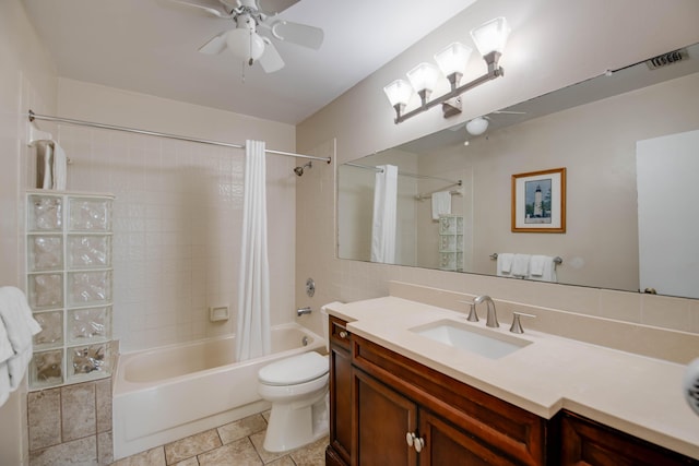 full bathroom featuring shower / tub combo, toilet, vanity, and a ceiling fan