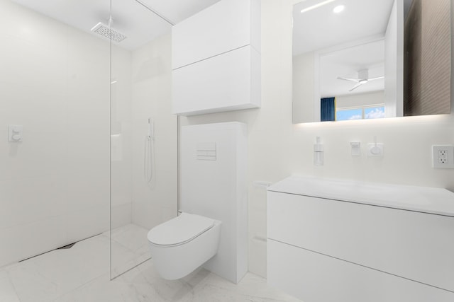 full bathroom featuring a walk in shower, toilet, marble look tiles, and ceiling fan