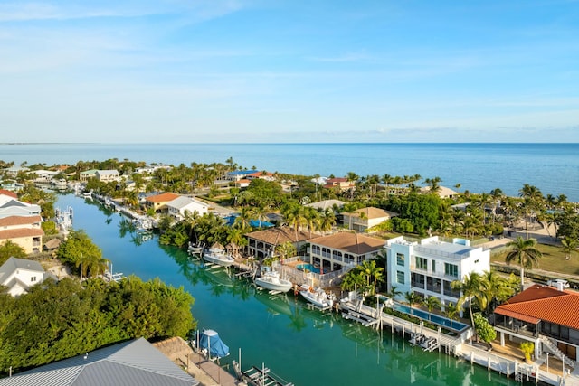 aerial view of residential area with a large body of water