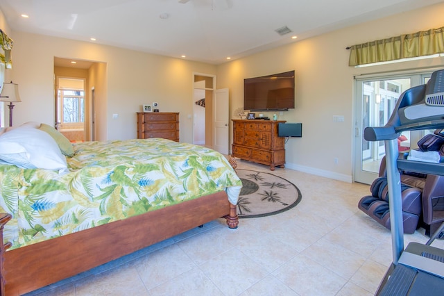 bedroom with visible vents, baseboards, recessed lighting, tile patterned floors, and access to outside