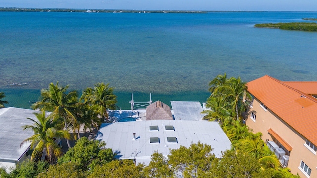 birds eye view of property with a water view