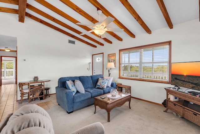 carpeted living room featuring tile patterned flooring, visible vents, high vaulted ceiling, and beam ceiling