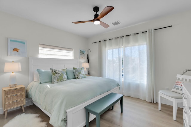 bedroom with visible vents, ceiling fan, and light wood finished floors