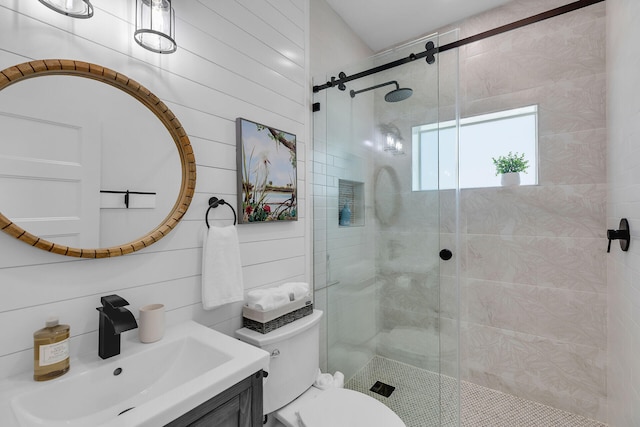 bathroom with toilet, vanity, and a stall shower