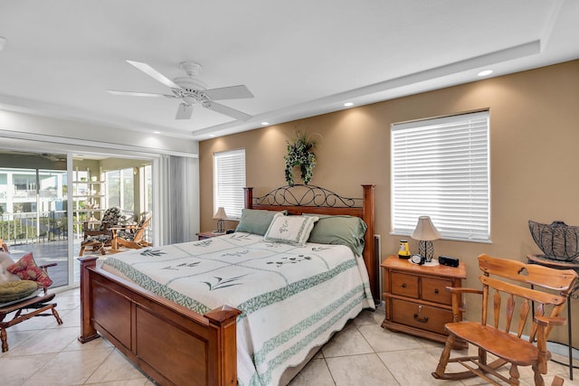 bedroom with access to outside, ceiling fan, recessed lighting, and light tile patterned floors