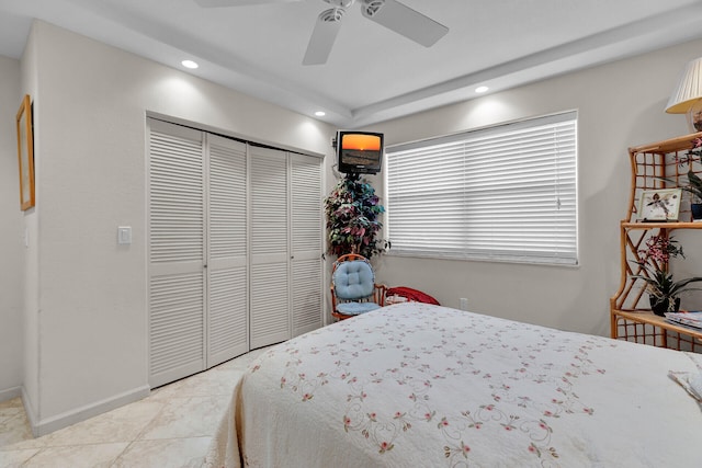 bedroom with a ceiling fan, recessed lighting, a closet, and baseboards