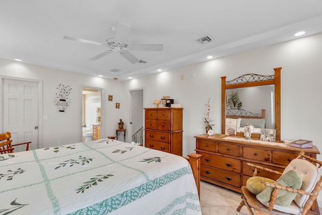 bedroom with recessed lighting, visible vents, ceiling fan, and ensuite bathroom