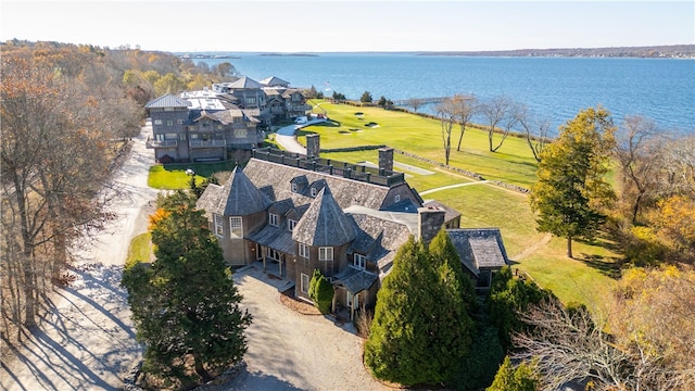 drone / aerial view with a water view